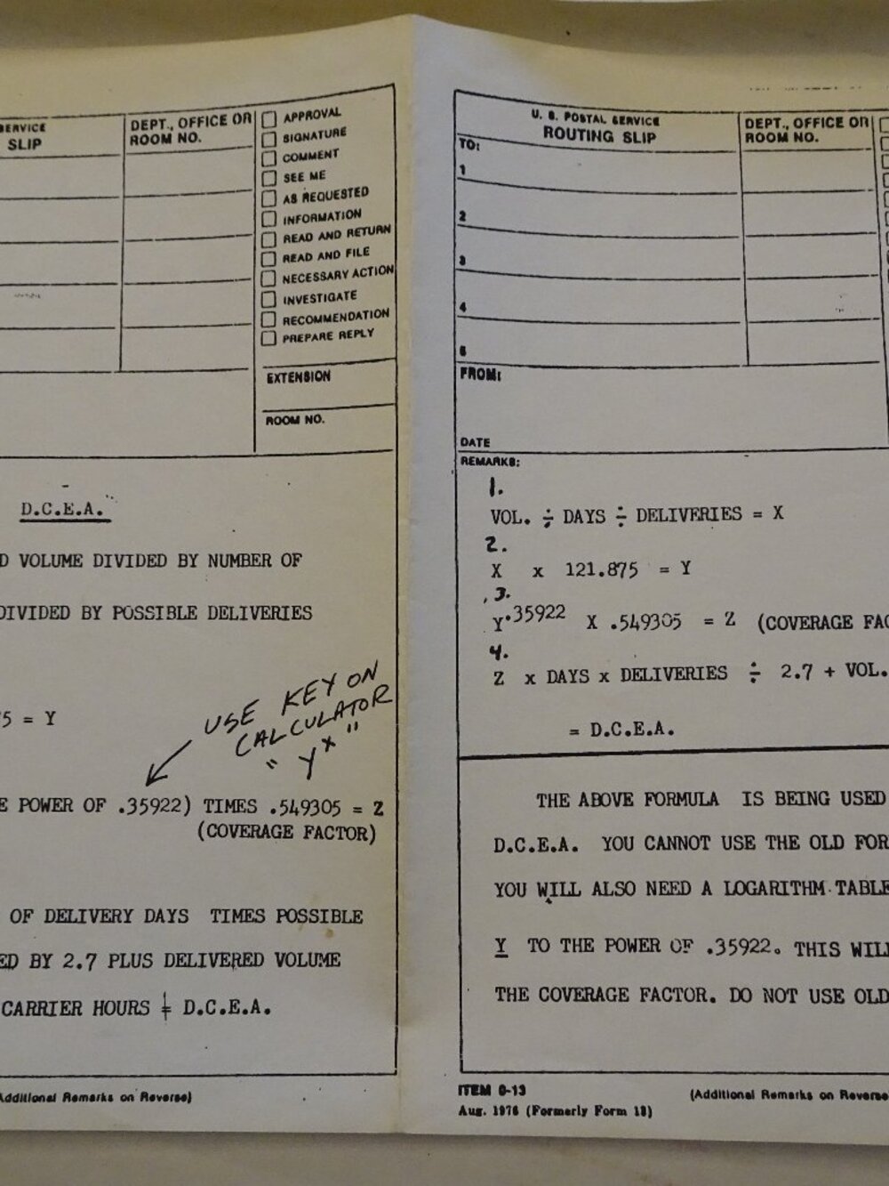 USPS Routing Slip - Form 0-13 - August 1976 - Detailed Formula 2 sheets of paper